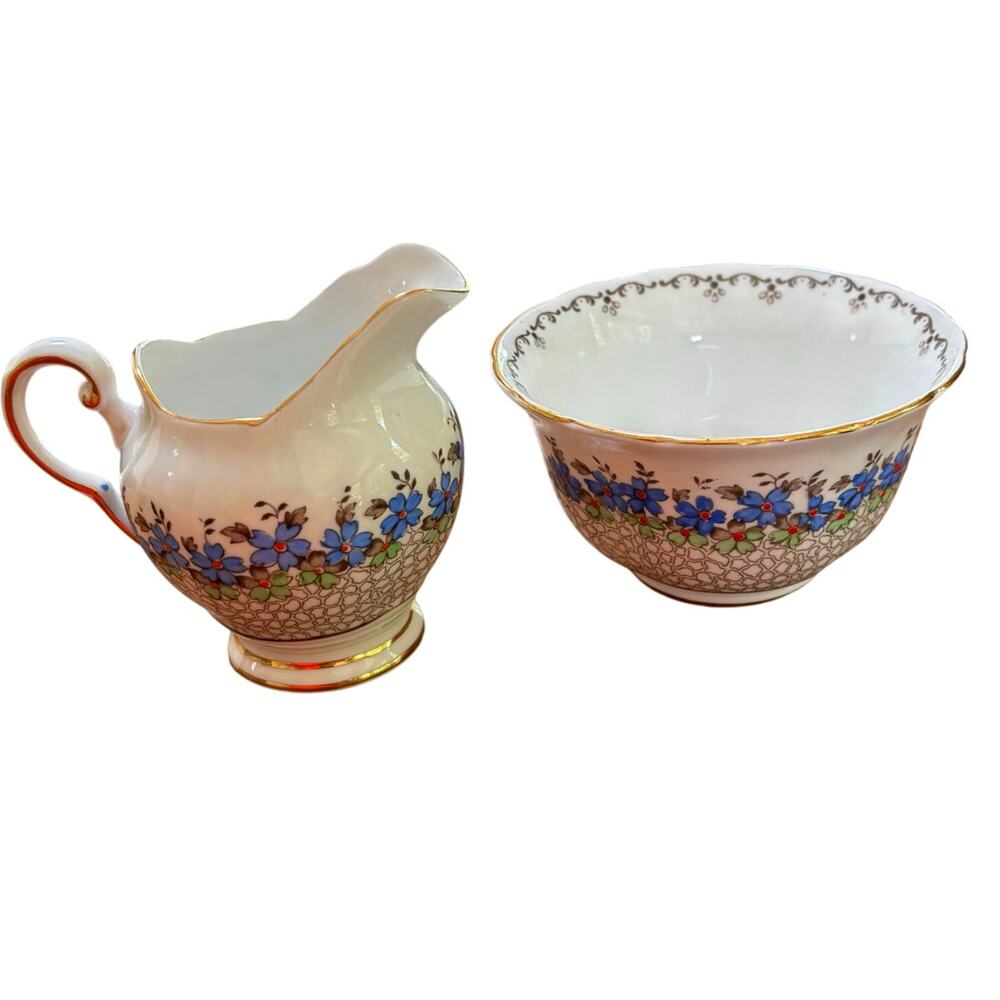 Vintage Tuscan bone china creamer & sugar bowl set blue green floral gold trim